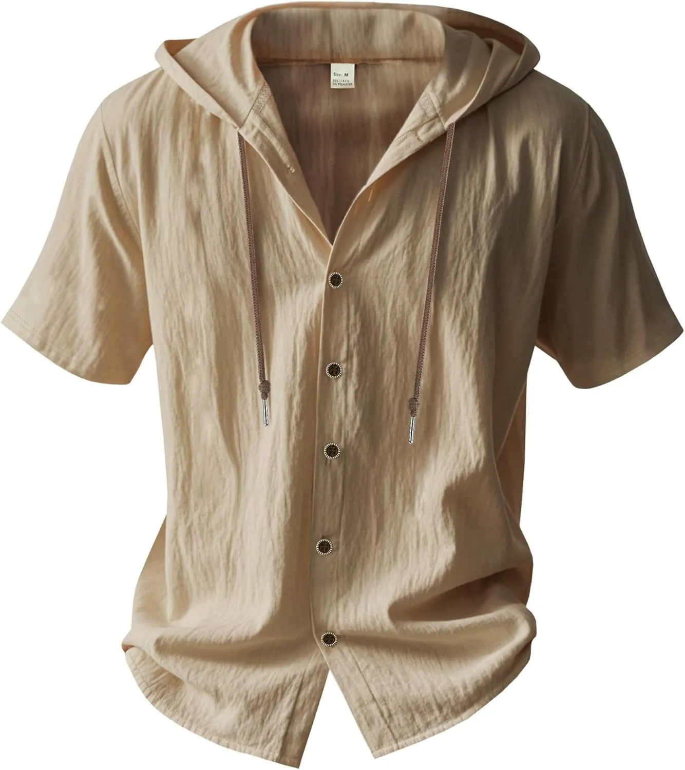 ZOCAVIA Men's Summer Linen Hoodie Casual Solid Color Short Sleeve Shirts Comfy Button Down Loose Fit Hooded Tops Light Weight