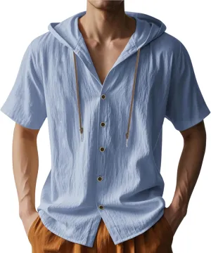 ZOCAVIA Men's Summer Linen Hoodie Casual Solid Color Short Sleeve Shirts Comfy Button Down Loose Fit Hooded Tops Light Weight