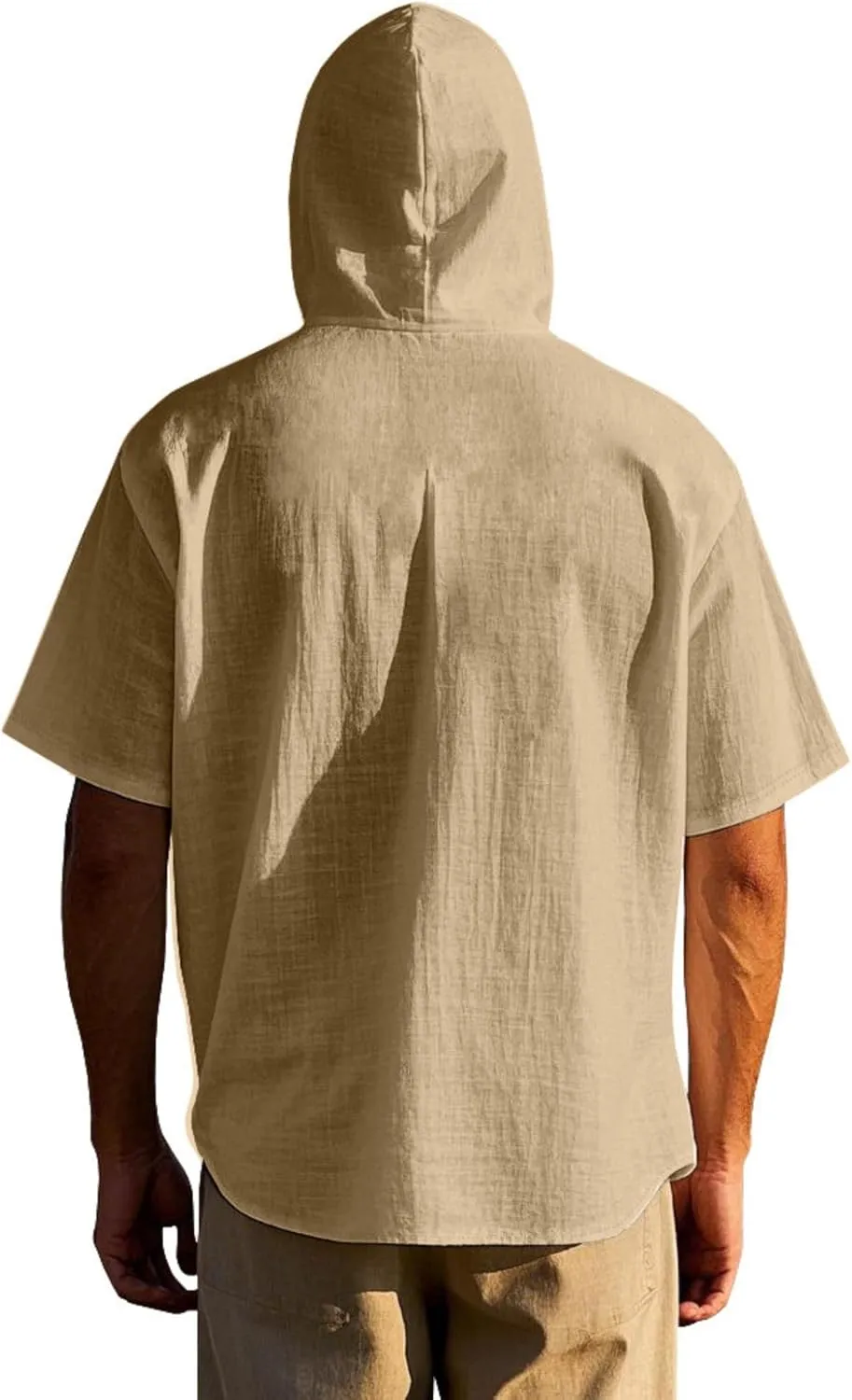 ZOCAVIA Men's Summer Linen Hoodie Casual Solid Color Short Sleeve Shirts Comfy Button Down Loose Fit Hooded Tops Light Weight