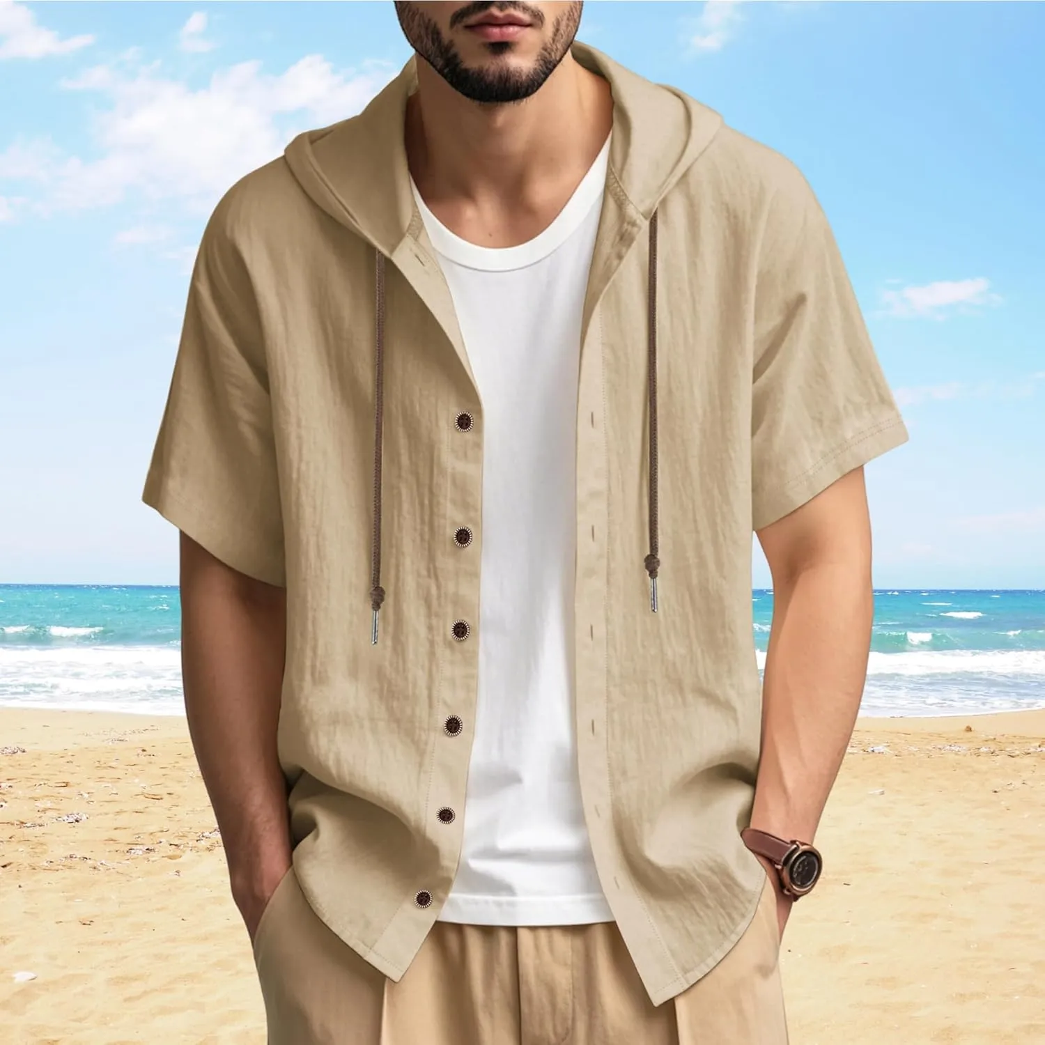ZOCAVIA Men's Summer Linen Hoodie Casual Solid Color Short Sleeve Shirts Comfy Button Down Loose Fit Hooded Tops Light Weight