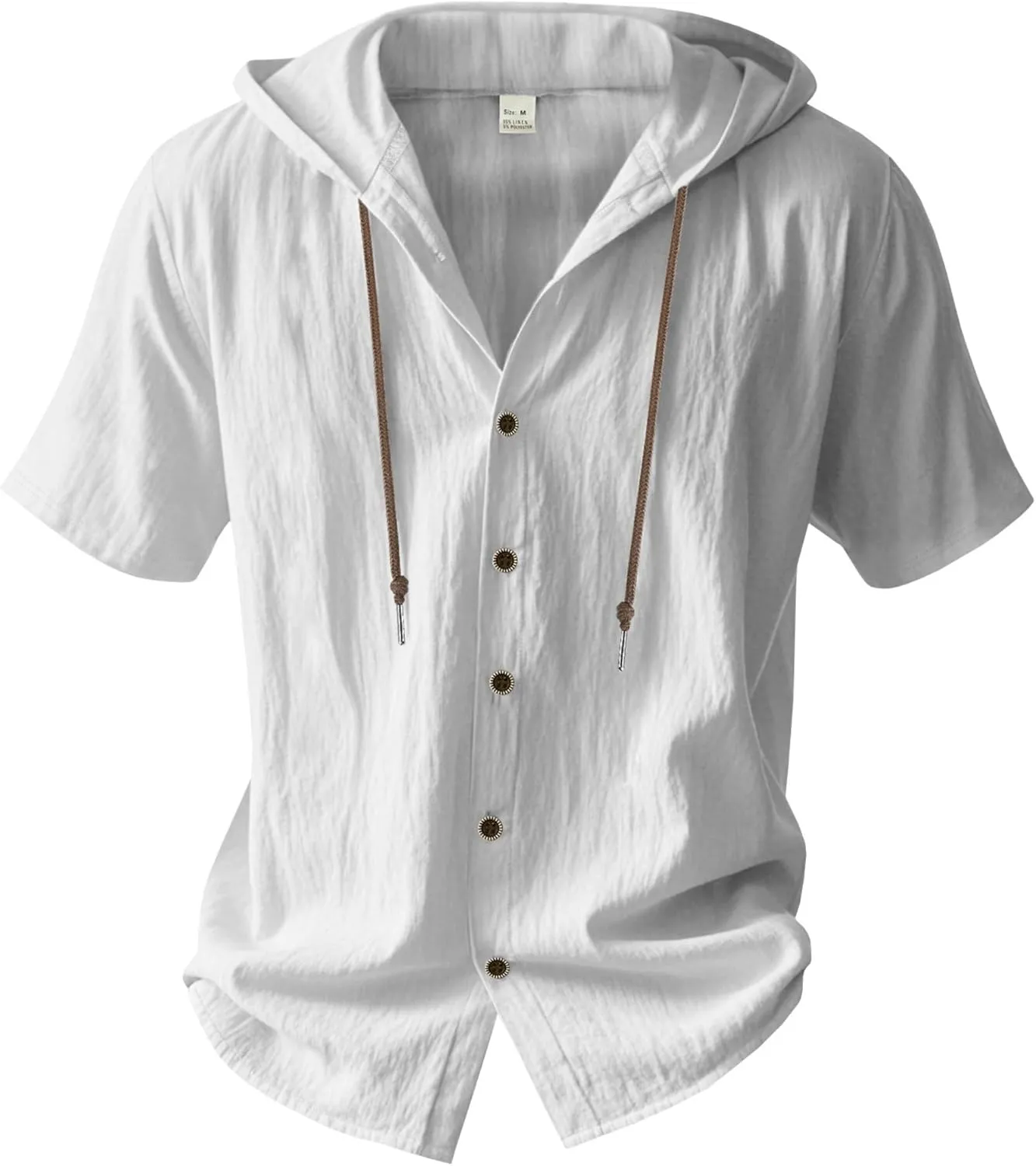 ZOCAVIA Men's Summer Linen Hoodie Casual Solid Color Short Sleeve Shirts Comfy Button Down Loose Fit Hooded Tops Light Weight