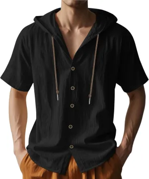 ZOCAVIA Men's Summer Linen Hoodie Casual Solid Color Short Sleeve Shirts Comfy Button Down Loose Fit Hooded Tops Light Weight