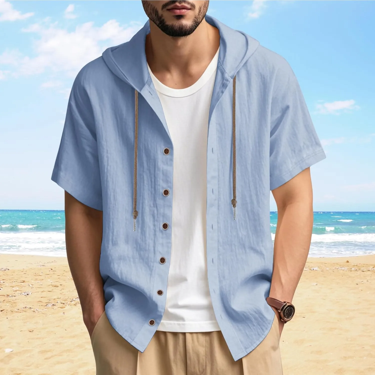 ZOCAVIA Men's Summer Linen Hoodie Casual Solid Color Short Sleeve Shirts Comfy Button Down Loose Fit Hooded Tops Light Weight
