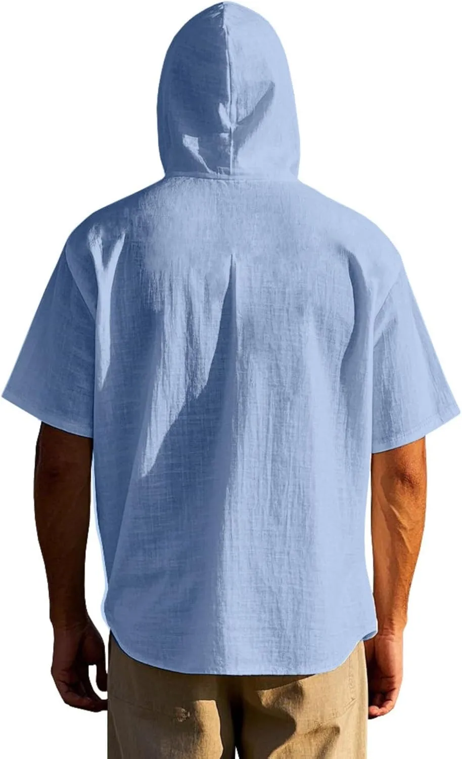 ZOCAVIA Men's Summer Linen Hoodie Casual Solid Color Short Sleeve Shirts Comfy Button Down Loose Fit Hooded Tops Light Weight