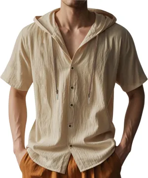 ZOCAVIA Men's Summer Linen Hoodie Casual Solid Color Short Sleeve Shirts Comfy Button Down Loose Fit Hooded Tops Light Weight