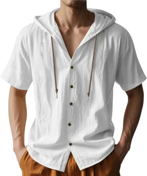 ZOCAVIA Men's Summer Linen Hoodie Casual Solid Color Short Sleeve Shirts Comfy Button Down Loose Fit Hooded Tops Light Weight