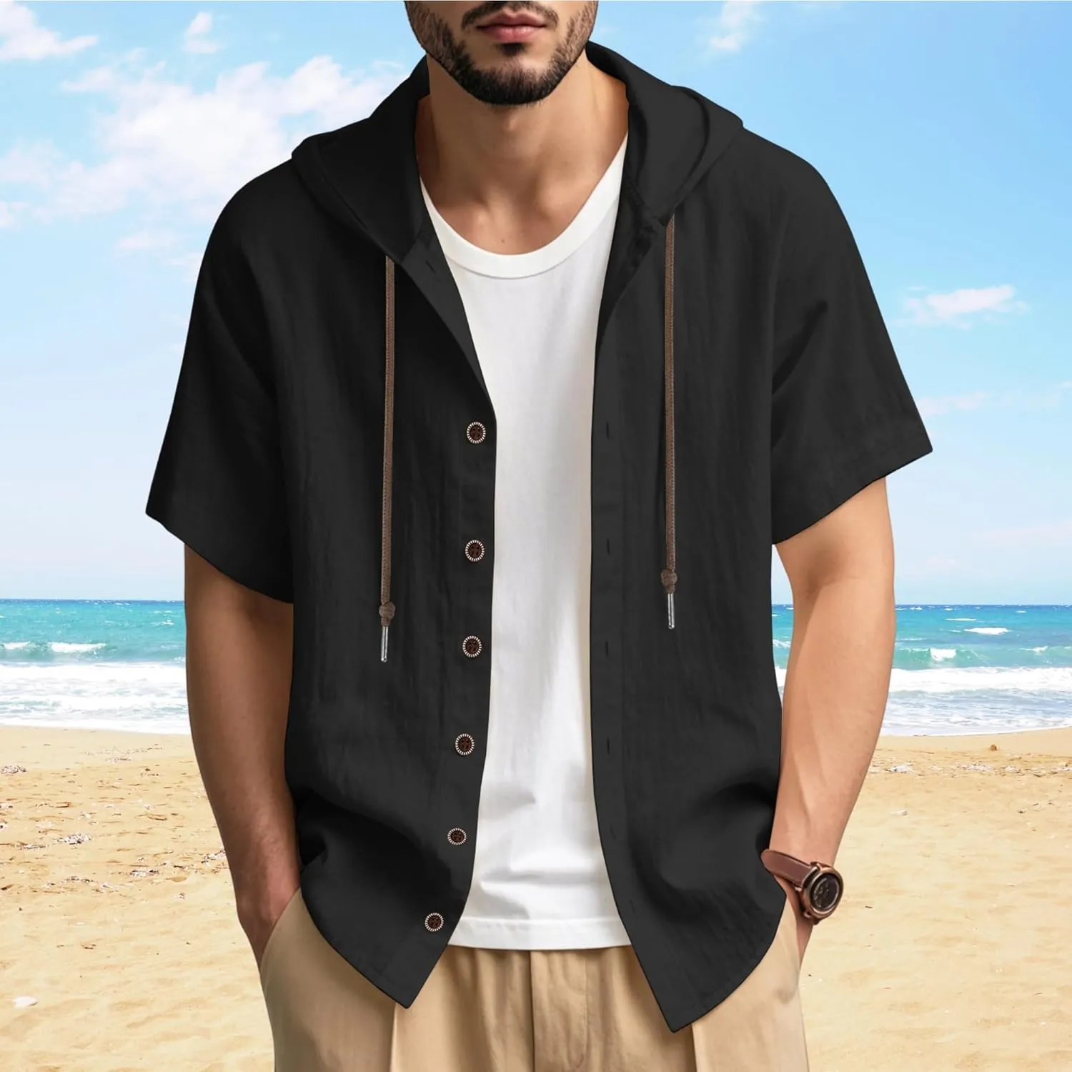 ZOCAVIA Men's Summer Linen Hoodie Casual Solid Color Short Sleeve Shirts Comfy Button Down Loose Fit Hooded Tops Light Weight